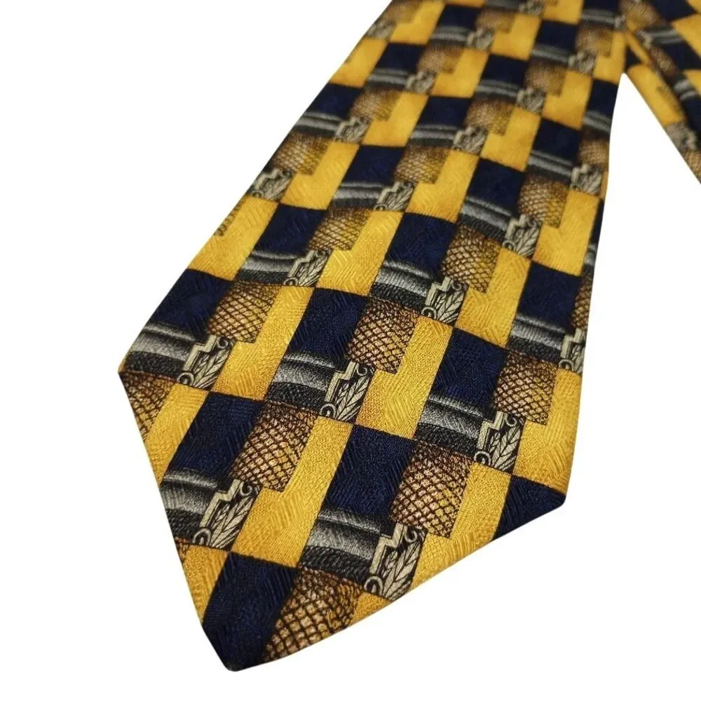 Classic Geoffrey Beene New York 100% Silk Tie Gold Navy‎ Men's Necktie